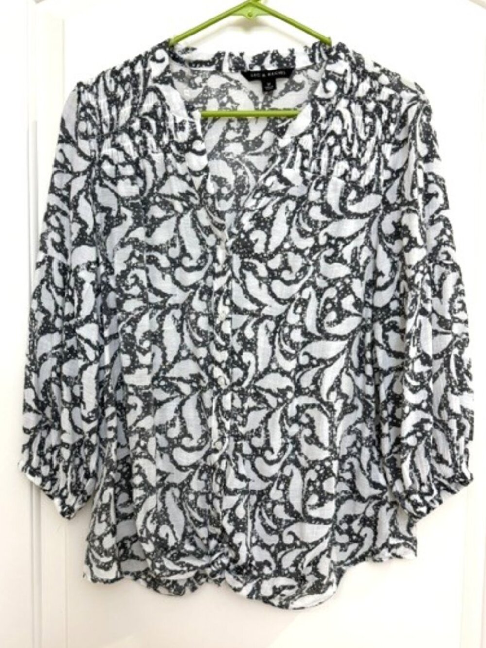 Zac & Rachel charcoal gray and white pintuck top.